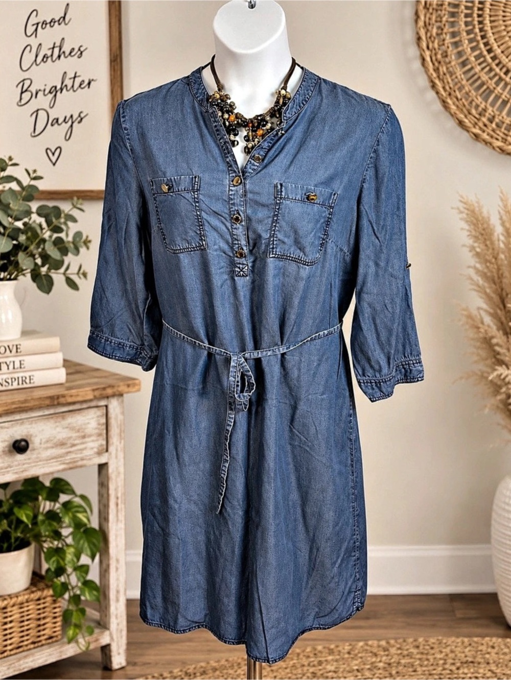 Liz Claiborne Chambray Denim Shirt Dress Size 14 Lyocell Belted Utility Midi